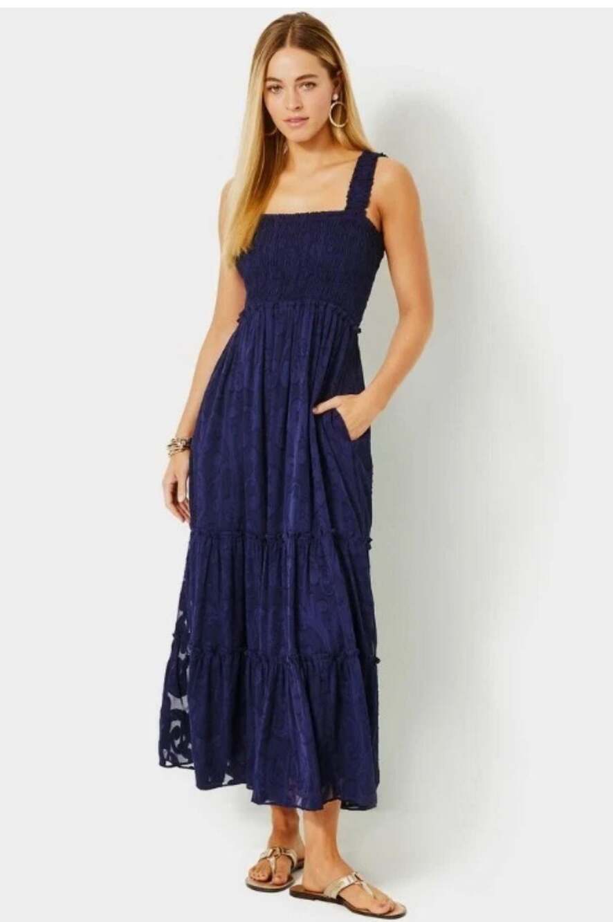 Lilly Pulitzer Hadley Navy Blue Burnout Smocked Tiered Maxi Dress Size L